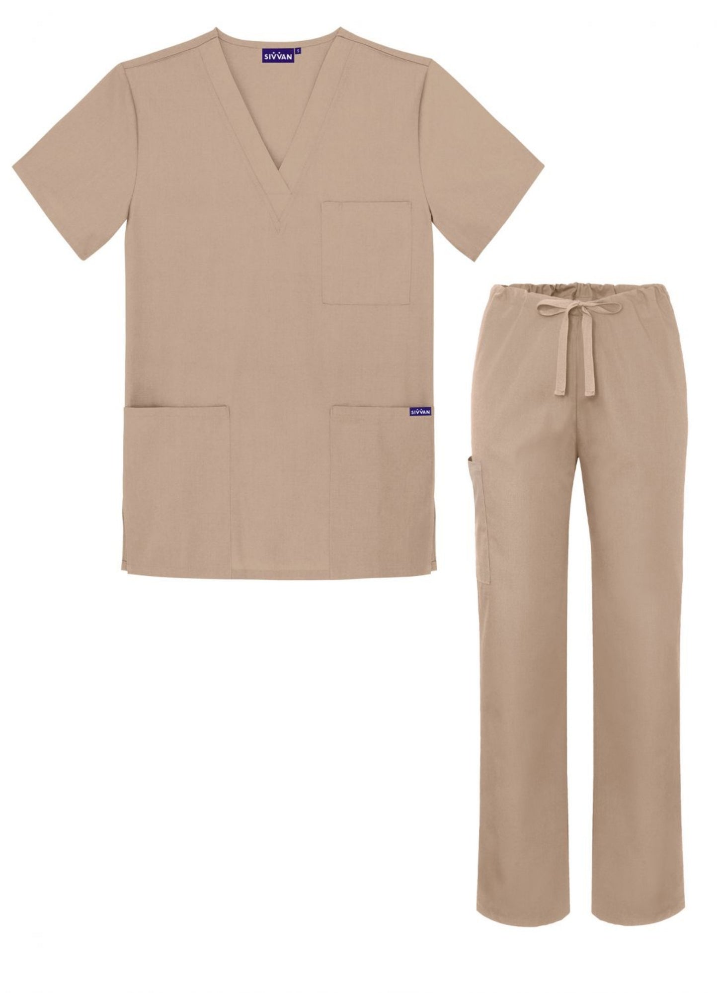 my Favorite Scrubs Sivvan Unisex V-Neck/Drawstring Pant Scrub Set Khaki