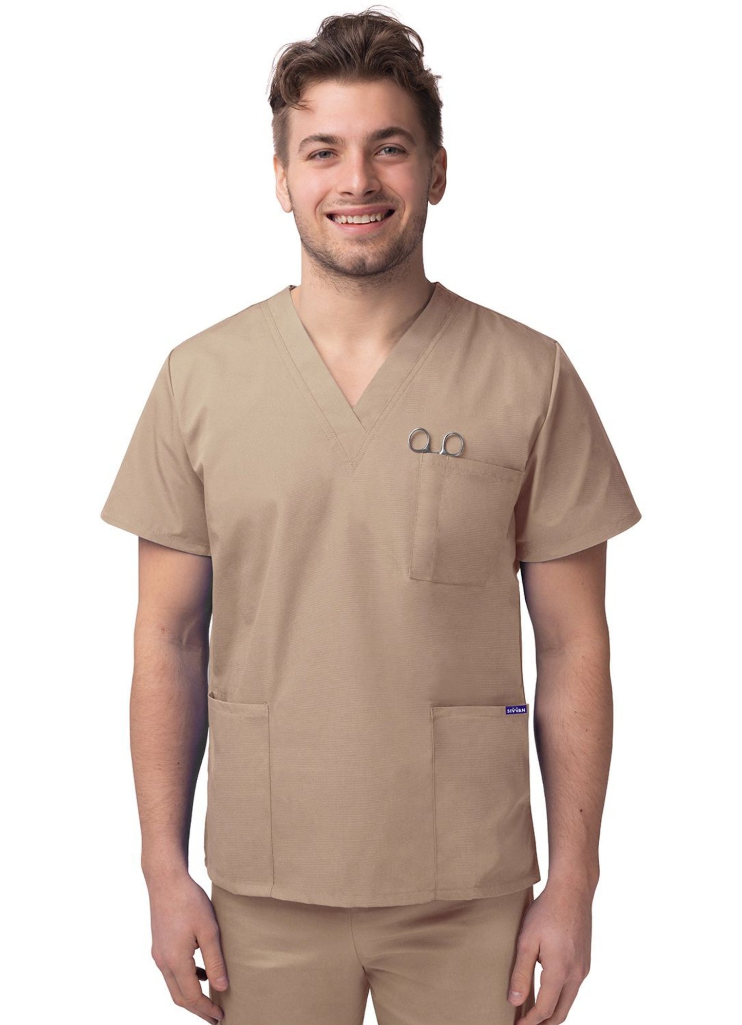 my Favorite Scrubs Sivvan Unisex V-Neck/Drawstring Pant Scrub Set Khaki